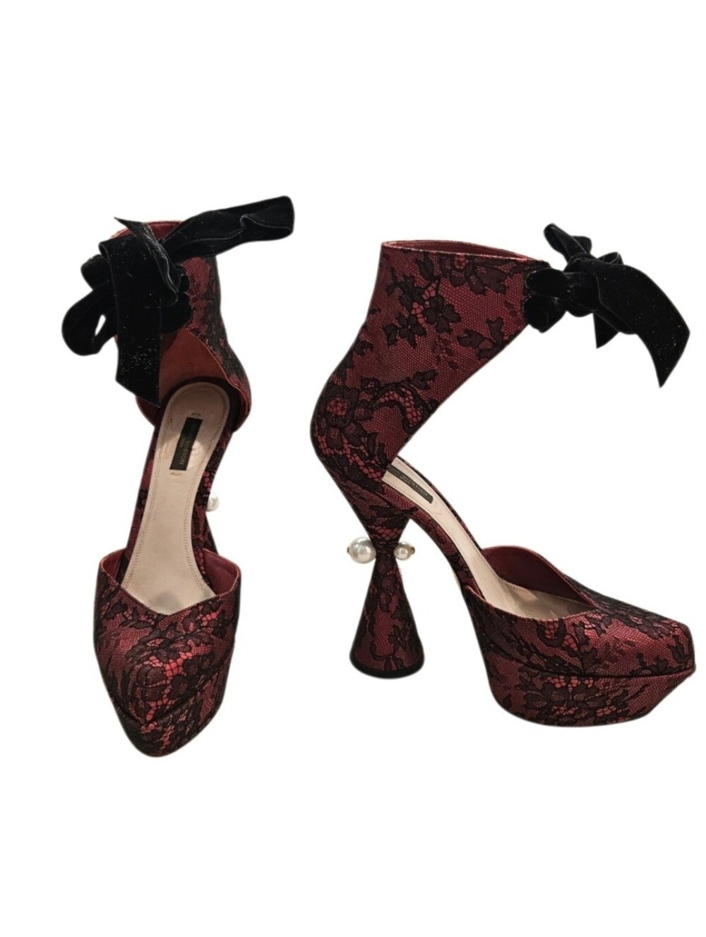Louis Vuitton FW2009 Runway Lace Ballerina Pearl Platform Heels - Maroon Size 39